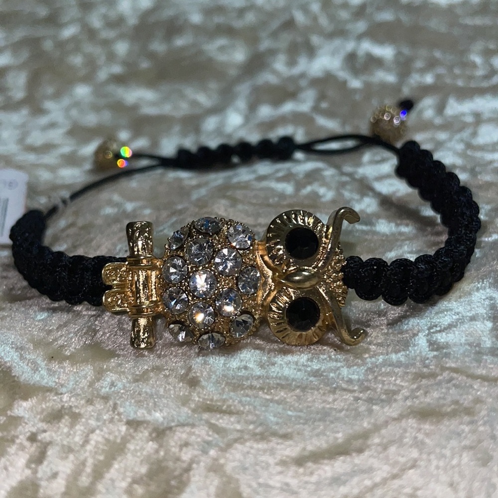 Gold Owl with Black and Clear Crystals Adjustable black cord bracelet